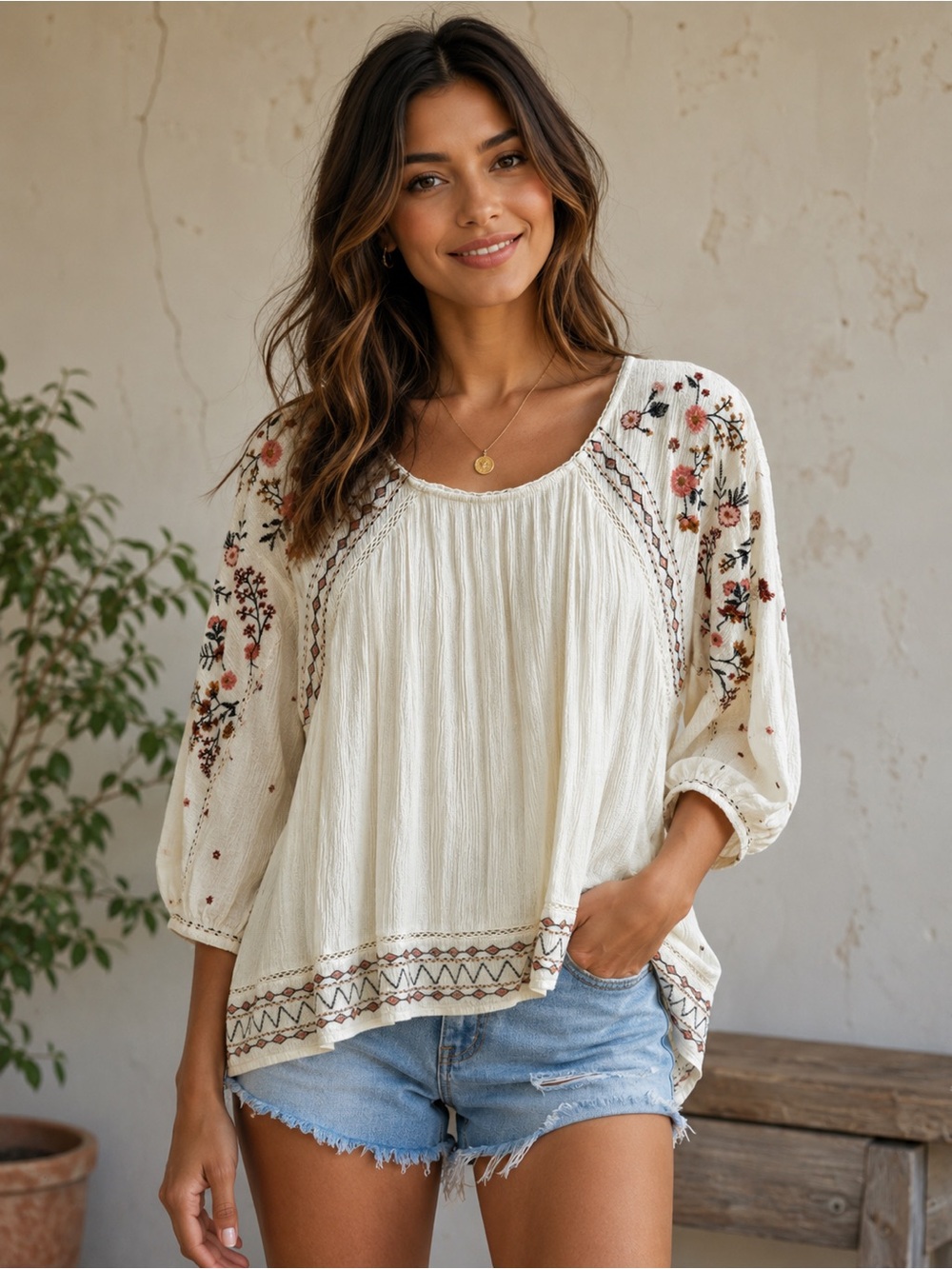 Knox Rose Cream Floral Embroidered Boho Peasant Blouse, size Medium